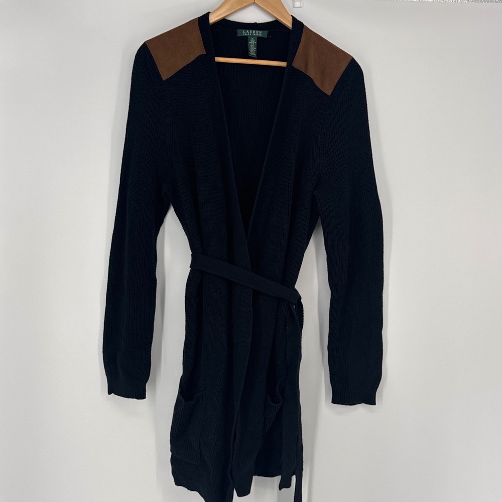 Lauren Ralph Lauren Womens XL Cardigan Black Belted Suede Shoulder Patch Sweater